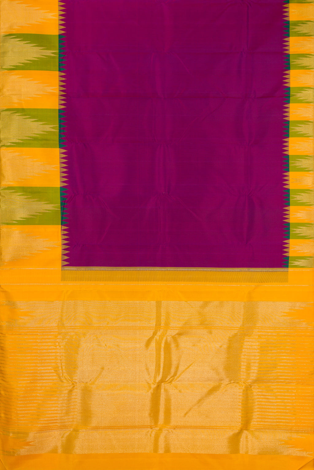 Flat view of Pure Silk Pure Zari Purple Kanjivaram Saree with Plain Body and Temple Border. 
