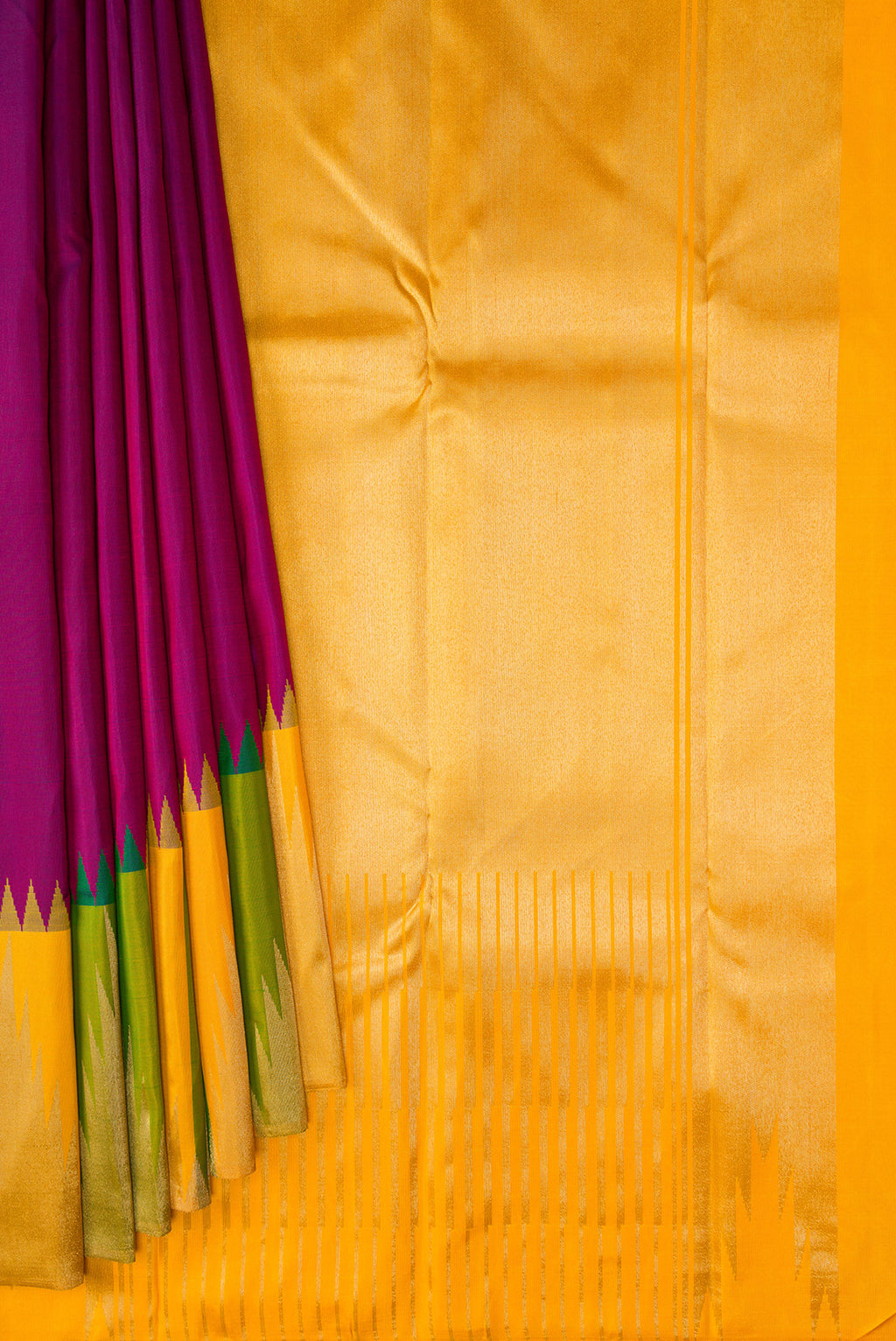 Pleats and pallu of Pure Silk Pure Zari Purple Kanjivaram Saree with Plain Body and Temple Border. 
