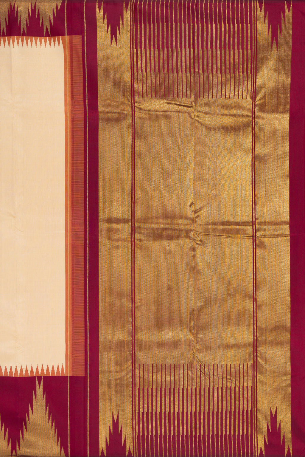 Close up image of the pallu of Pure Silk Pure Zari Beige Kanjivaram Saree with Plain Body and Temple Border. 