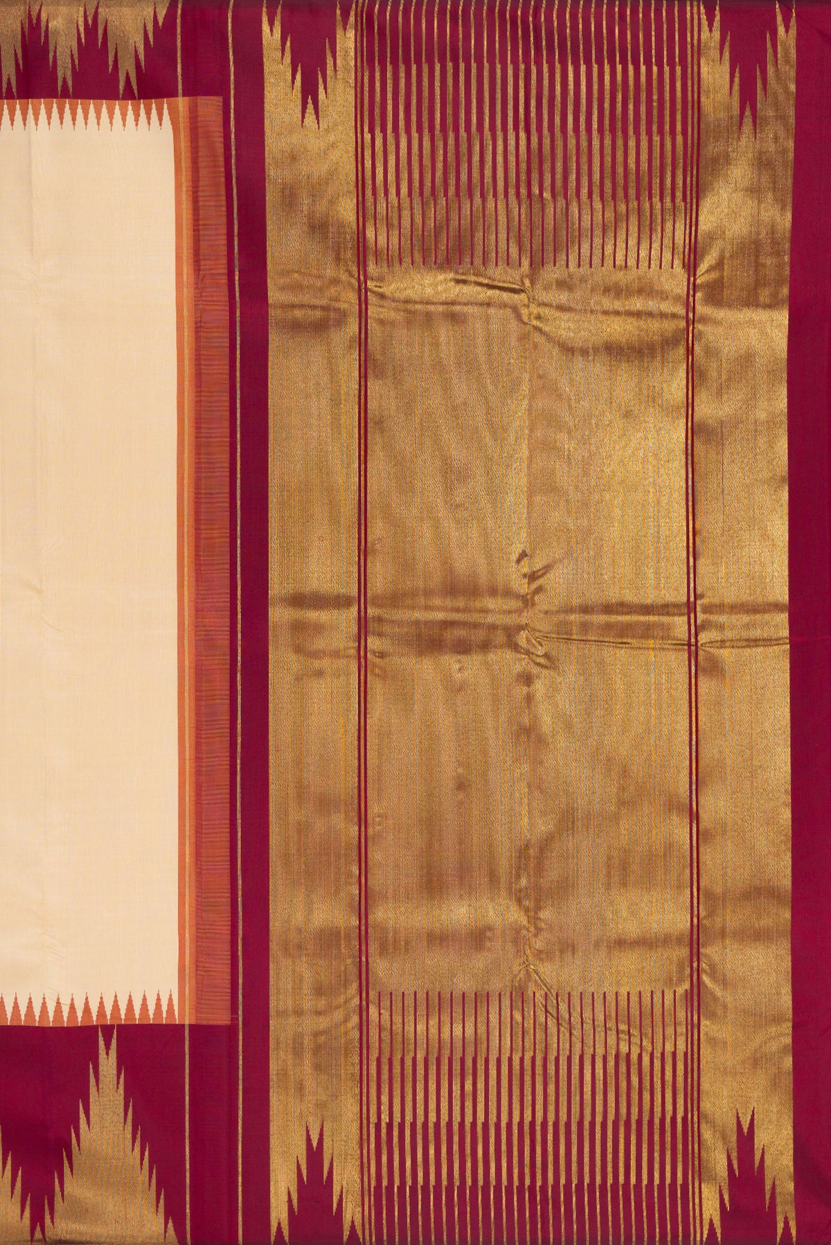 Close up image of the pallu of Pure Silk Pure Zari Beige Kanjivaram Saree with Plain Body and Temple Border. 