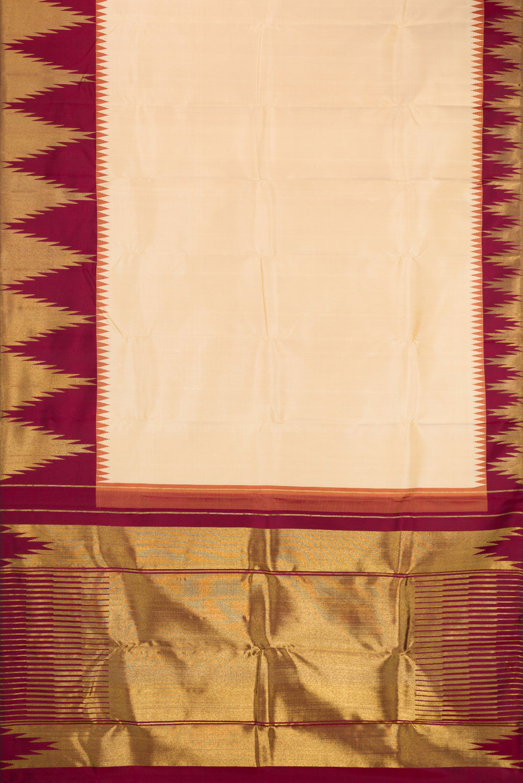 Flat view of Pure Silk Pure Zari Beige Kanjivaram Saree with Plain Body and Temple Border. 