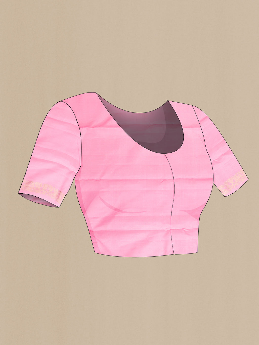 Close up image of the blouse of Pure Silk Pure Zari Rose pink Kanjivaram Saree with Plain Body and Fancy Border. 