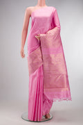 Pure Silk Pure Zari Rose pink Kanjivaram Saree with Plain Body and Fancy Border.  displayed on a mannequin