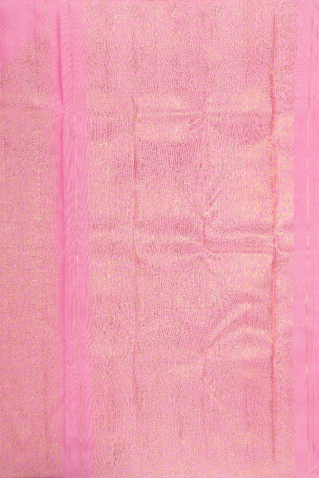 Close up image of the pallu of Pure Silk Pure Zari Rose pink Kanjivaram Saree with Plain Body and Fancy Border. 