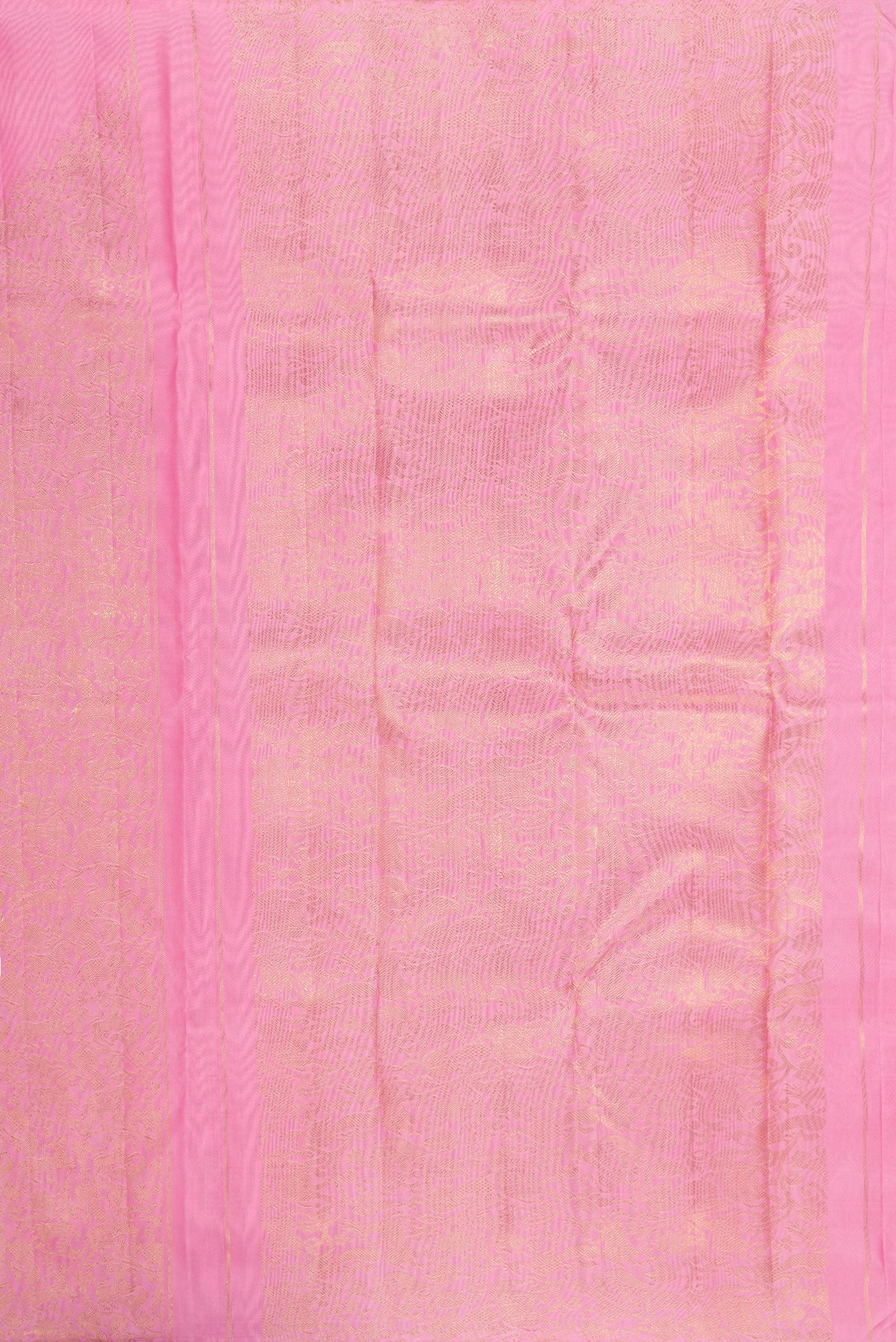 Close up image of the pallu of Pure Silk Pure Zari Rose pink Kanjivaram Saree with Plain Body and Fancy Border. 