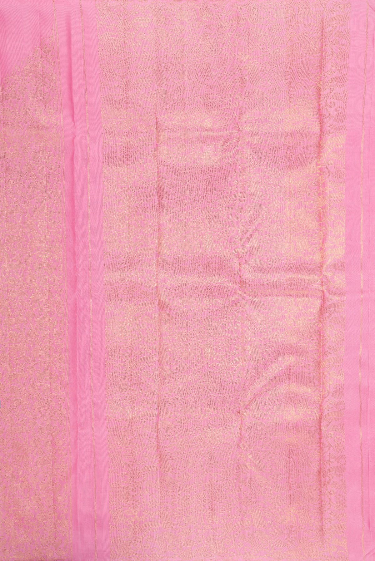 Close up image of the pallu of Pure Silk Pure Zari Rose pink Kanjivaram Saree with Plain Body and Fancy Border. 