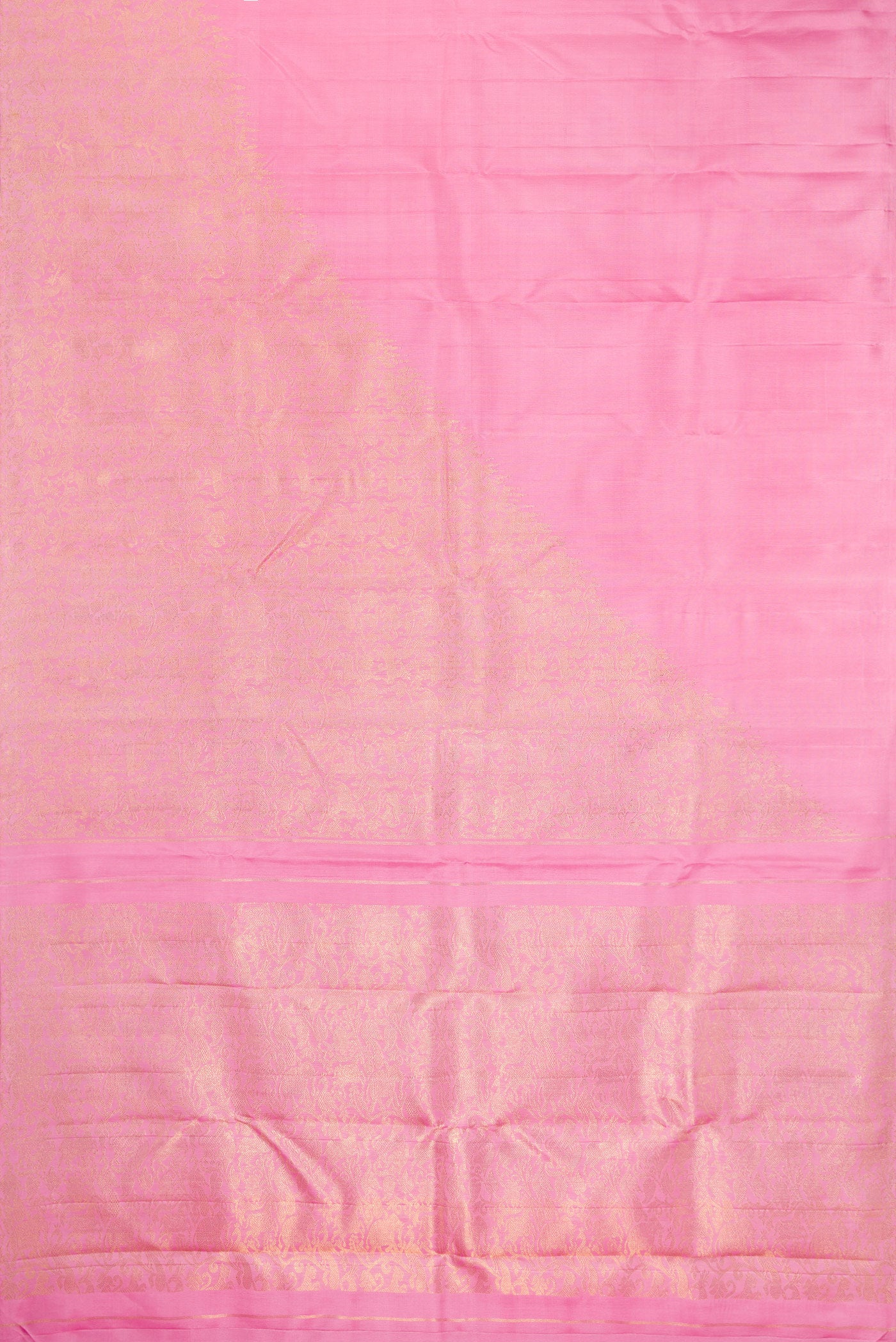 Flat view of Pure Silk Pure Zari Rose pink Kanjivaram Saree with Plain Body and Fancy Border. 