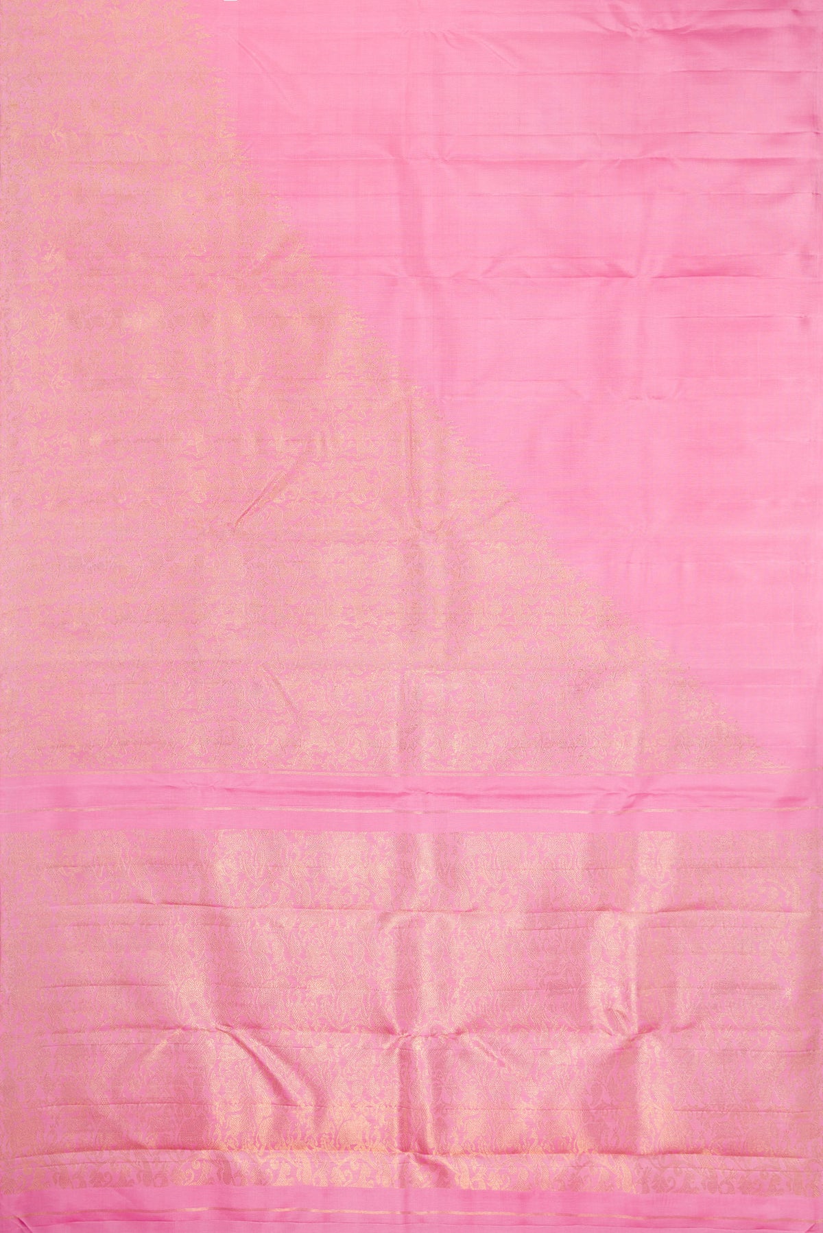 Flat view of Pure Silk Pure Zari Rose pink Kanjivaram Saree with Plain Body and Fancy Border. 