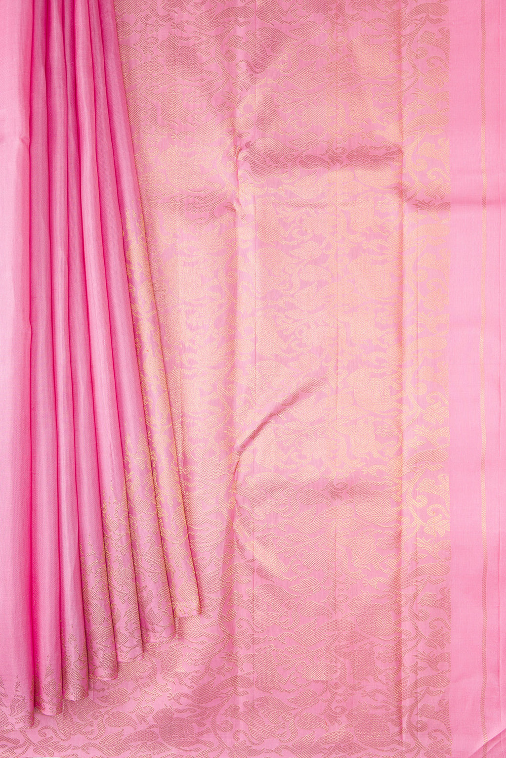 Pleats and pallu of Pure Silk Pure Zari Rose pink Kanjivaram Saree with Plain Body and Fancy Border. 