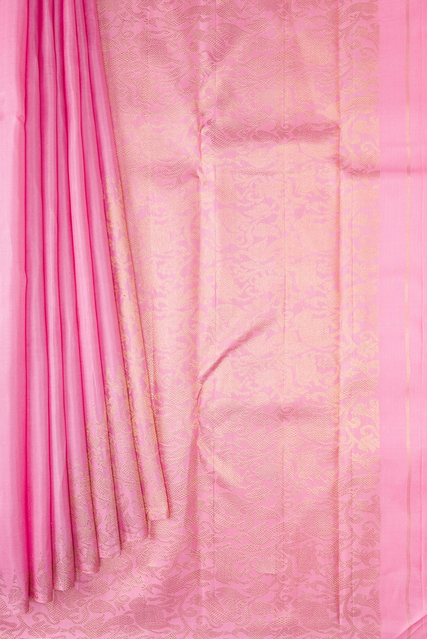 Pleats and pallu of Pure Silk Pure Zari Rose pink Kanjivaram Saree with Plain Body and Fancy Border. 