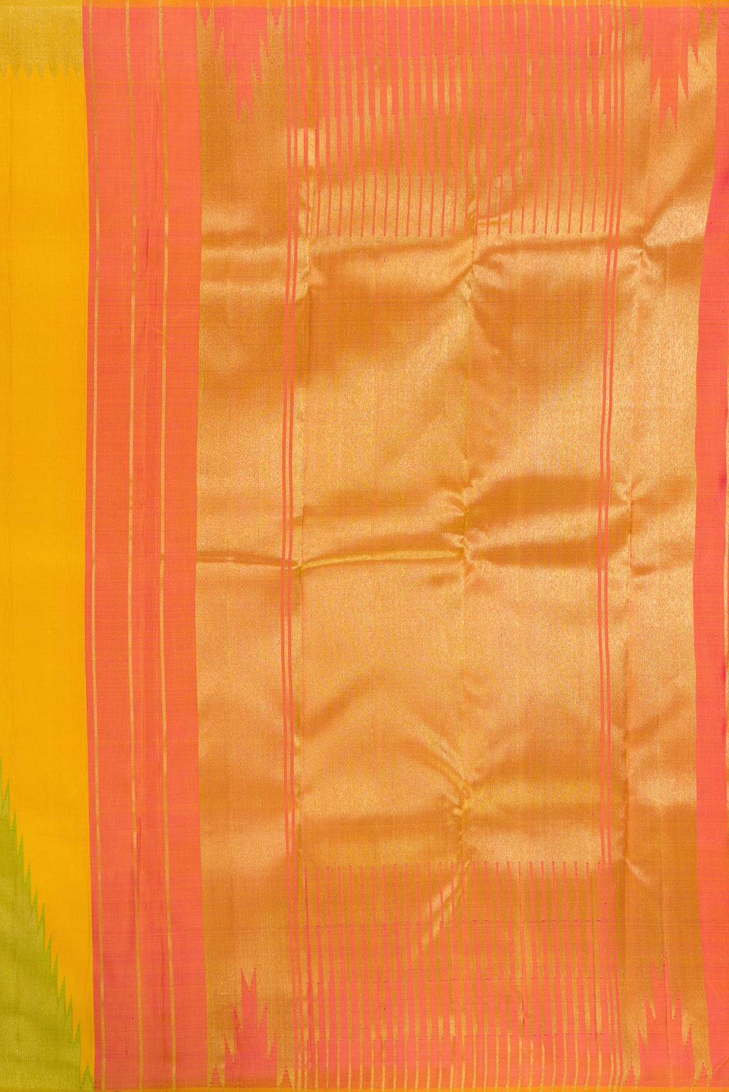Close up image of the pallu of Pure Silk Pure Zari Yellow Kanjivaram Saree with Plain Body and Temple Border. 