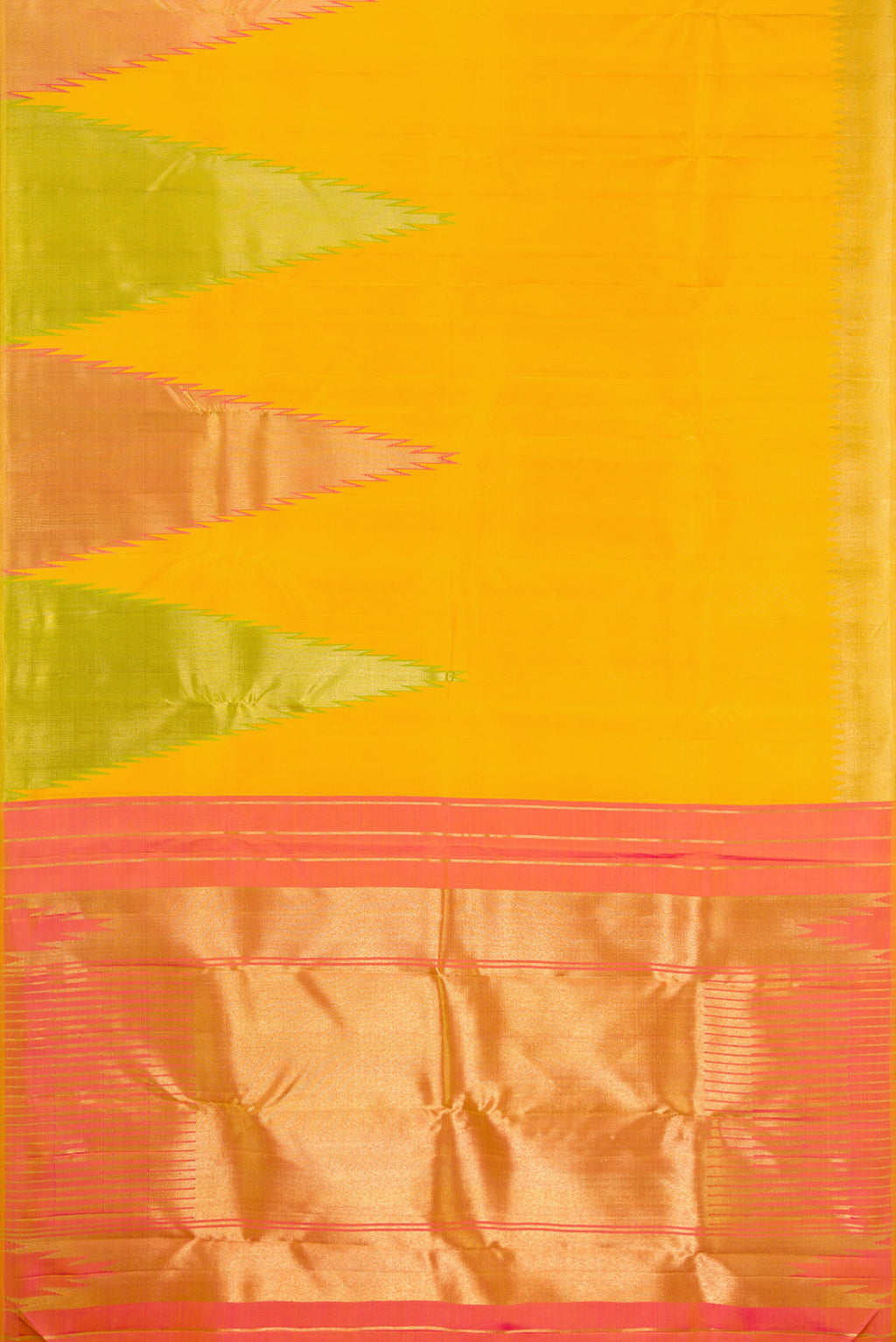 Flat view of Pure Silk Pure Zari Yellow Kanjivaram Saree with Plain Body and Temple Border. 