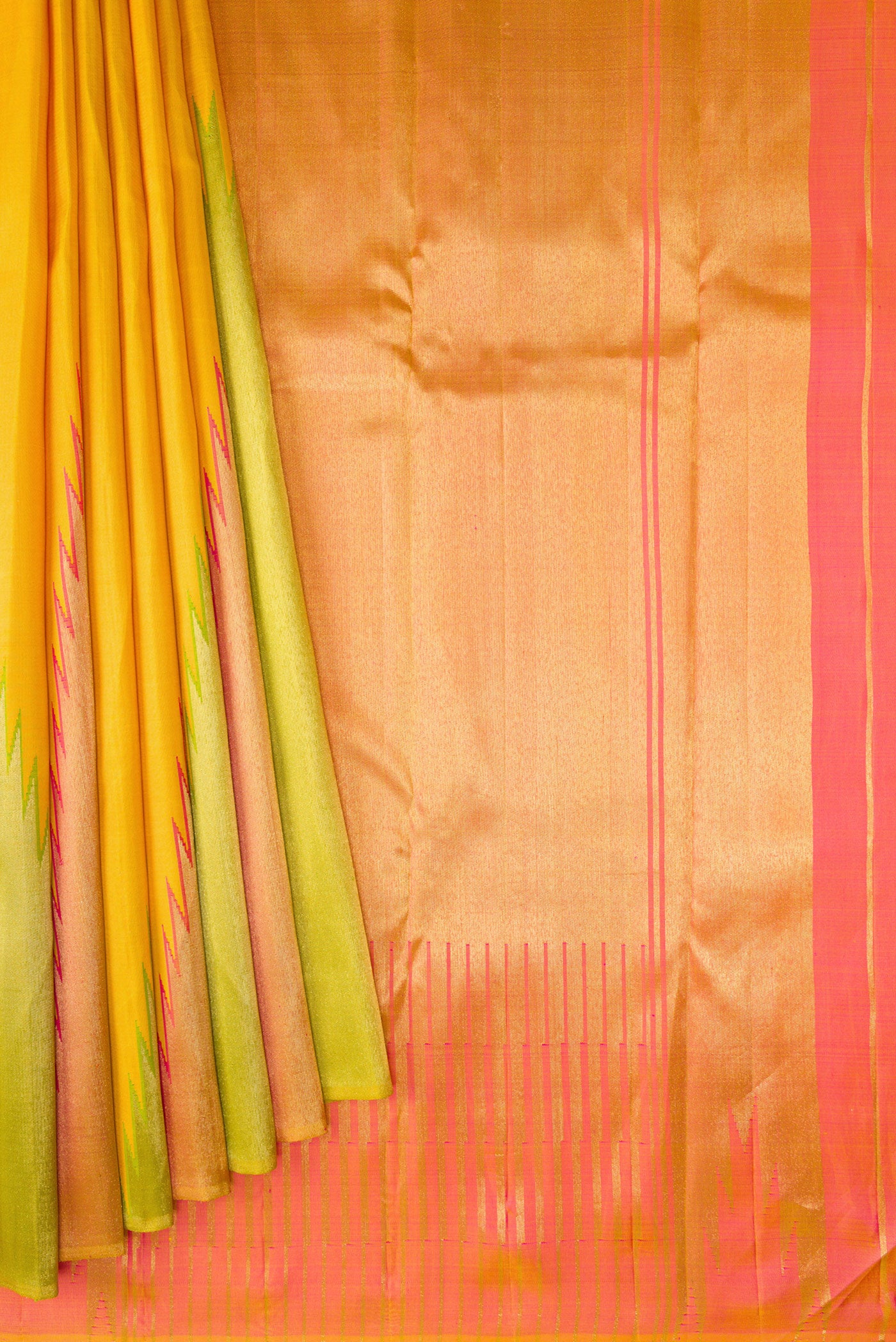 Pleats and pallu of Pure Silk Pure Zari Yellow Kanjivaram Saree with Plain Body and Temple Border. 