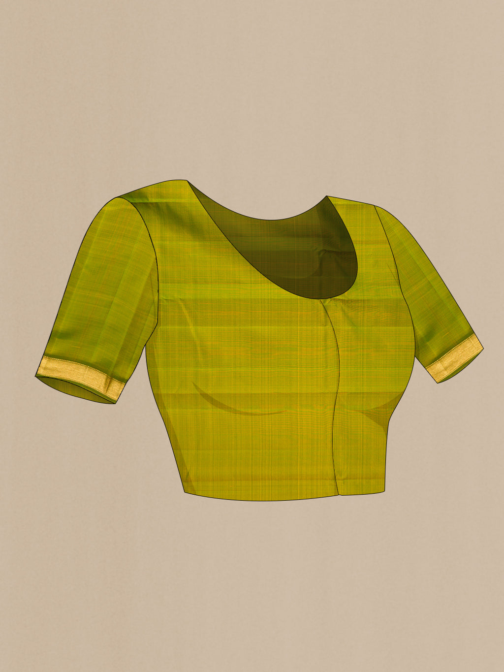 Close up image of the blouse of Pinkish Yellow Dual Tone Kanjivaram Silk Saree with Plain Body and Zari Border. 