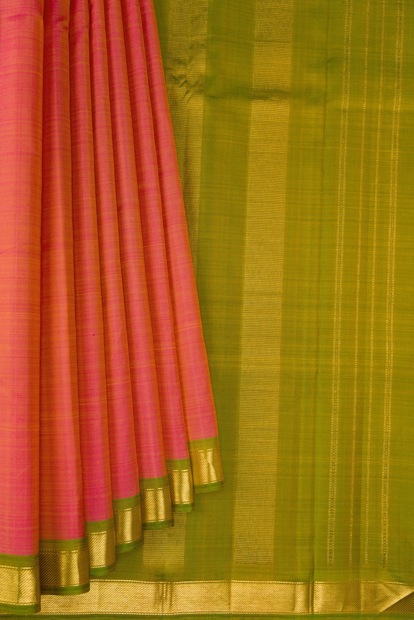 Pleats and pallu of Pinkish Yellow Dual Tone Kanjivaram Silk Saree with Plain Body and Zari Border. 