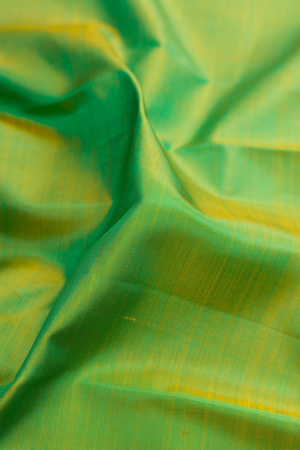 Close up of Green Kanjivaram Silk Saree with Plain Body and Zari Border.  displaying folds