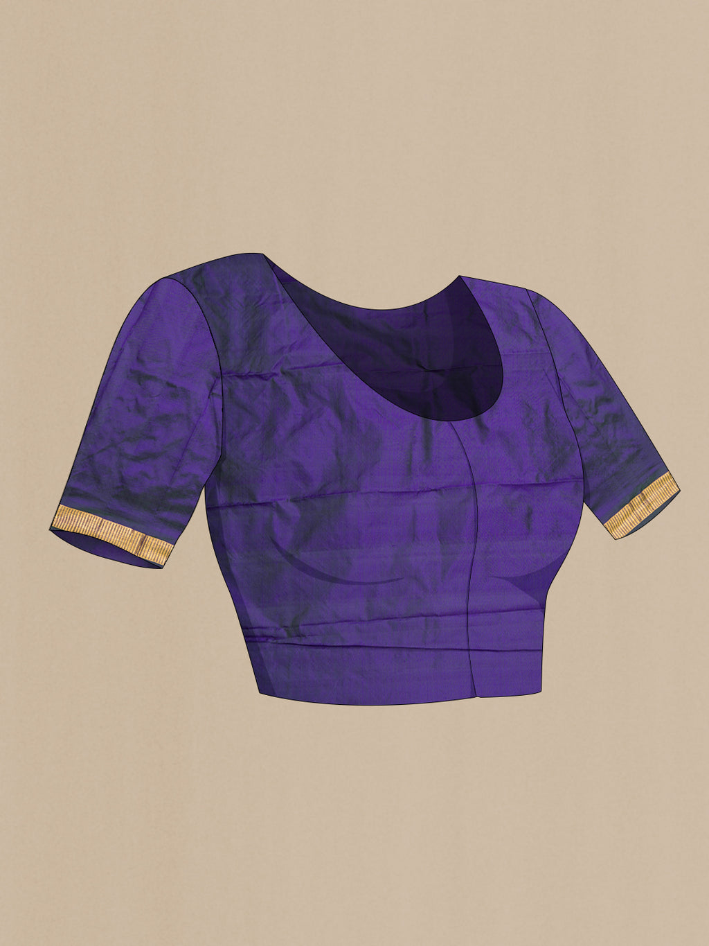 Close up image of the blouse of Pure Silk Peacock Blue Dual Tone Kanchipuram Saree with Plain Body and Zari Border. 
