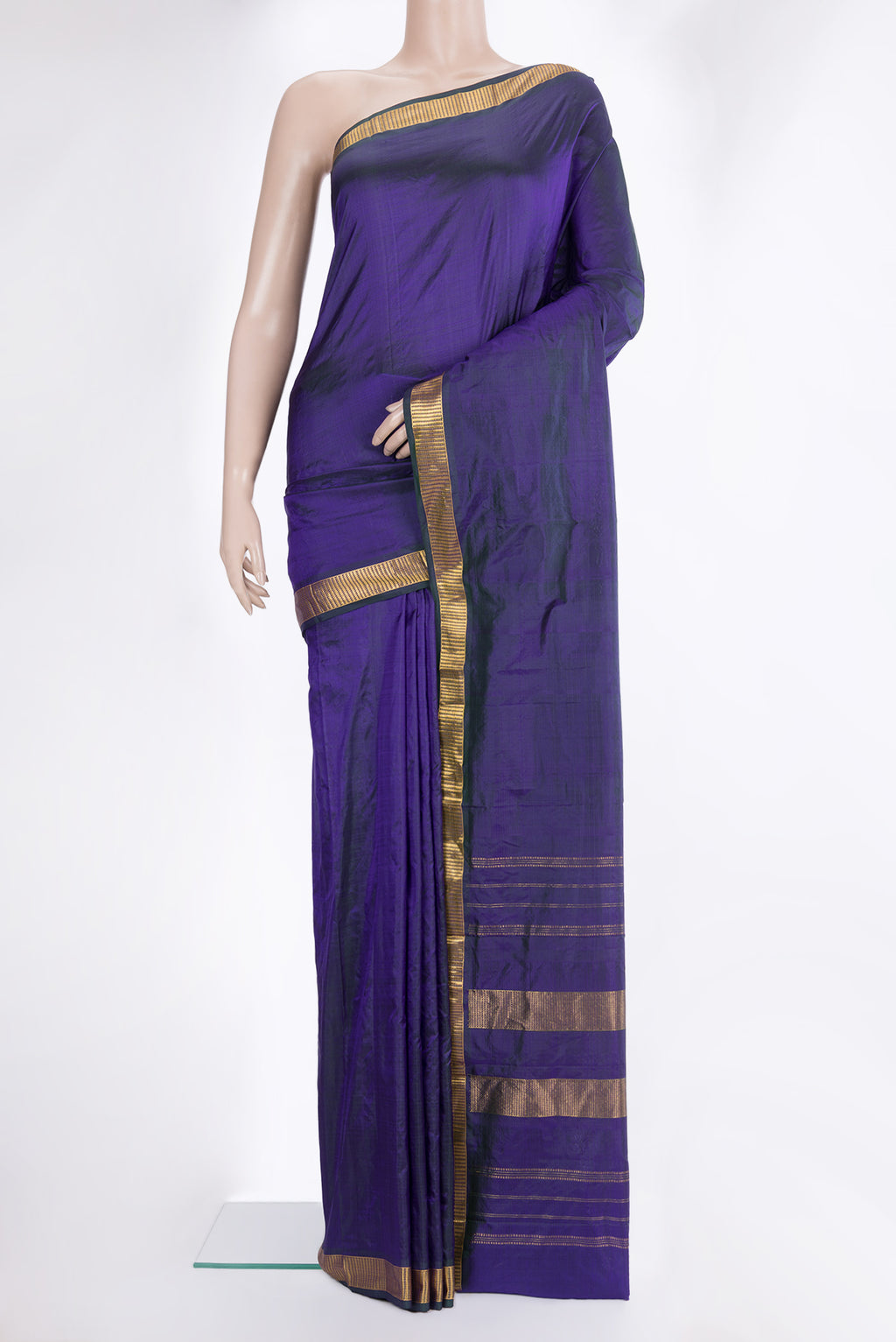 Pure Silk Peacock Blue Dual Tone Kanchipuram Saree with Plain Body and Zari Border.  displayed on a mannequin