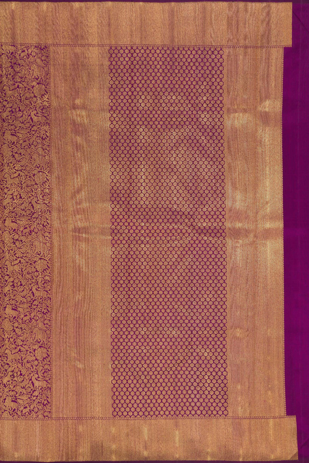 Close up image of the pallu of Pure Silk Pure Zari Purple Kanjivaram Saree with Zari Brocade on the body and Zari Border. 