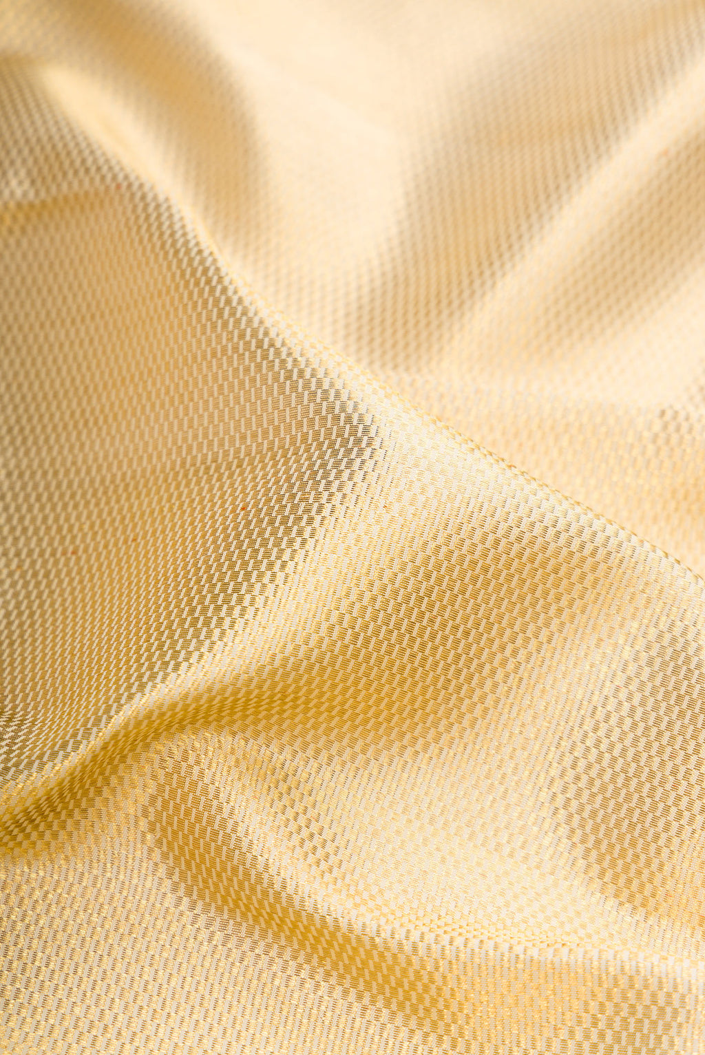 Close up of Pure Silk Pure Zari Gold Kanjivaram Saree with Zari Brocade on the body and Zari Border.  displaying folds