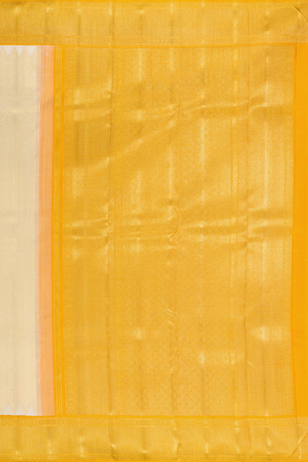 Close up image of the pallu of Pure Silk Pure Zari Gold Kanjivaram Saree with Zari Brocade on the body and Zari Border. 