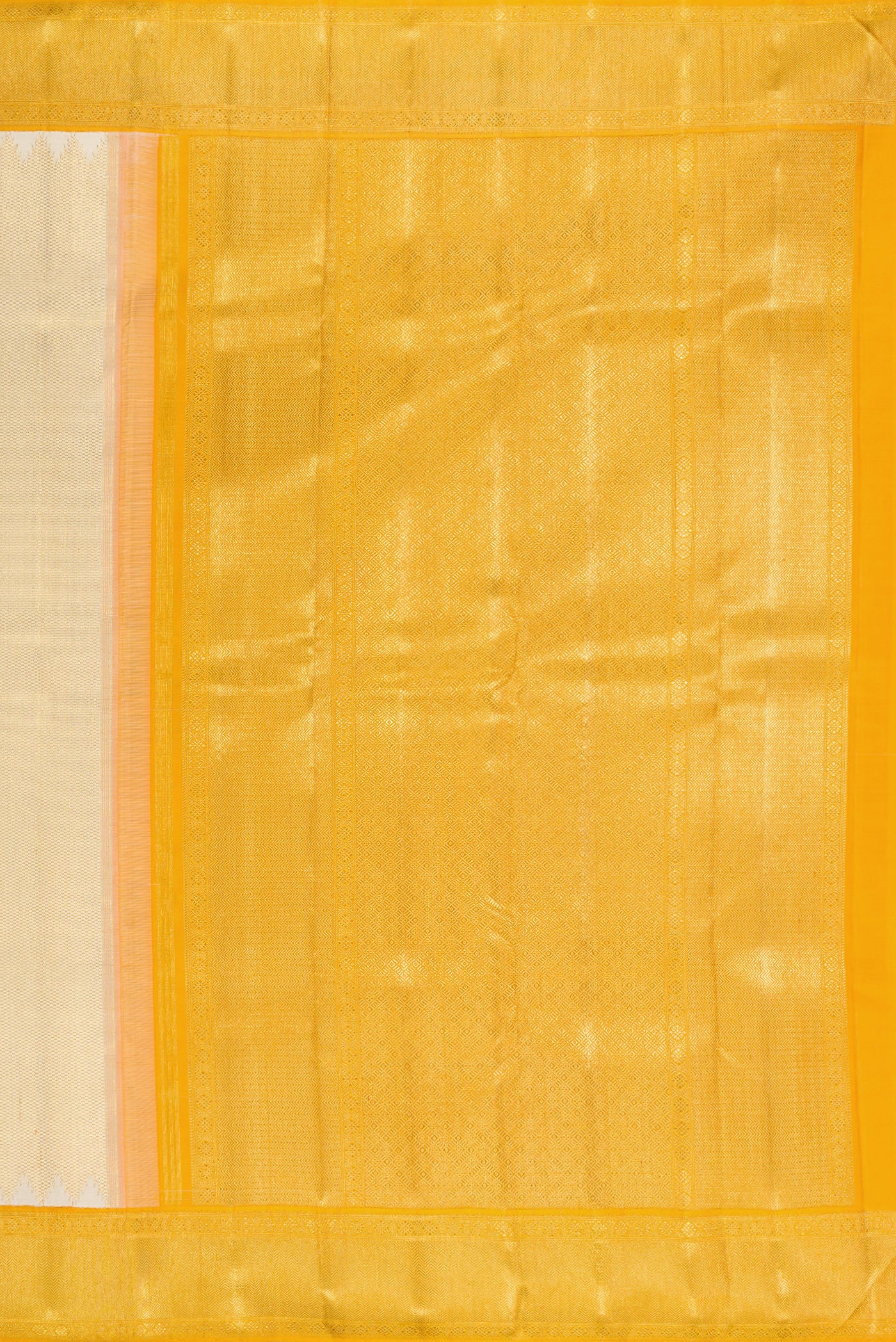 Close up image of the pallu of Pure Silk Pure Zari Gold Kanjivaram Saree with Zari Brocade on the body and Zari Border. 