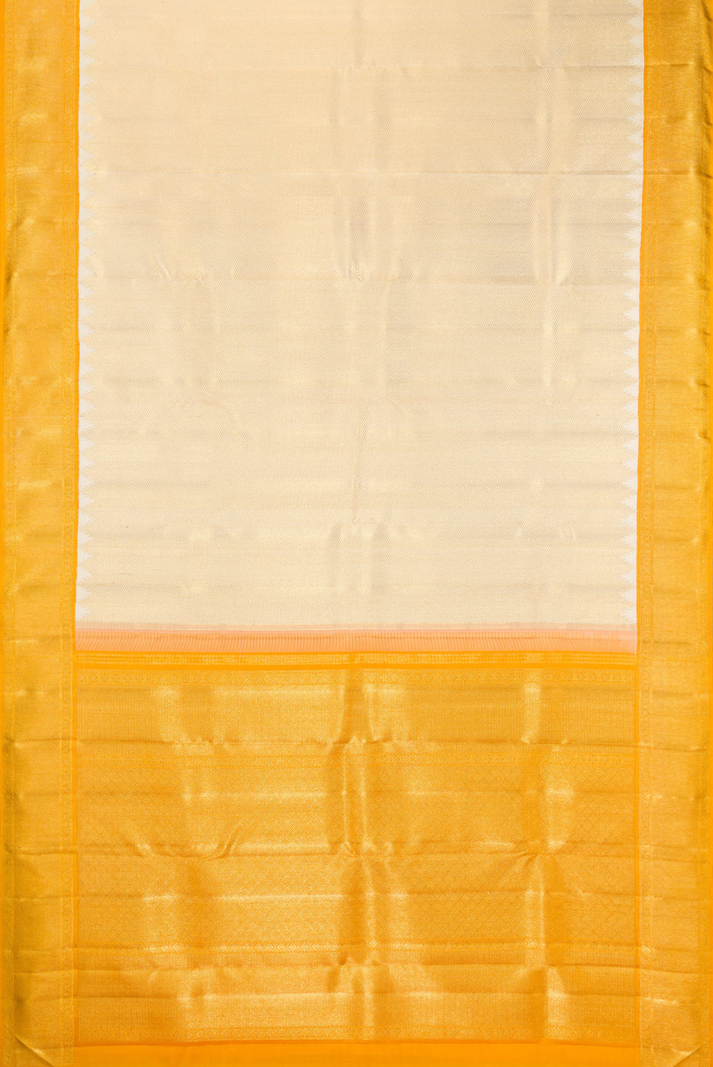 Flat view of Pure Silk Pure Zari Gold Kanjivaram Saree with Zari Brocade on the body and Zari Border. 