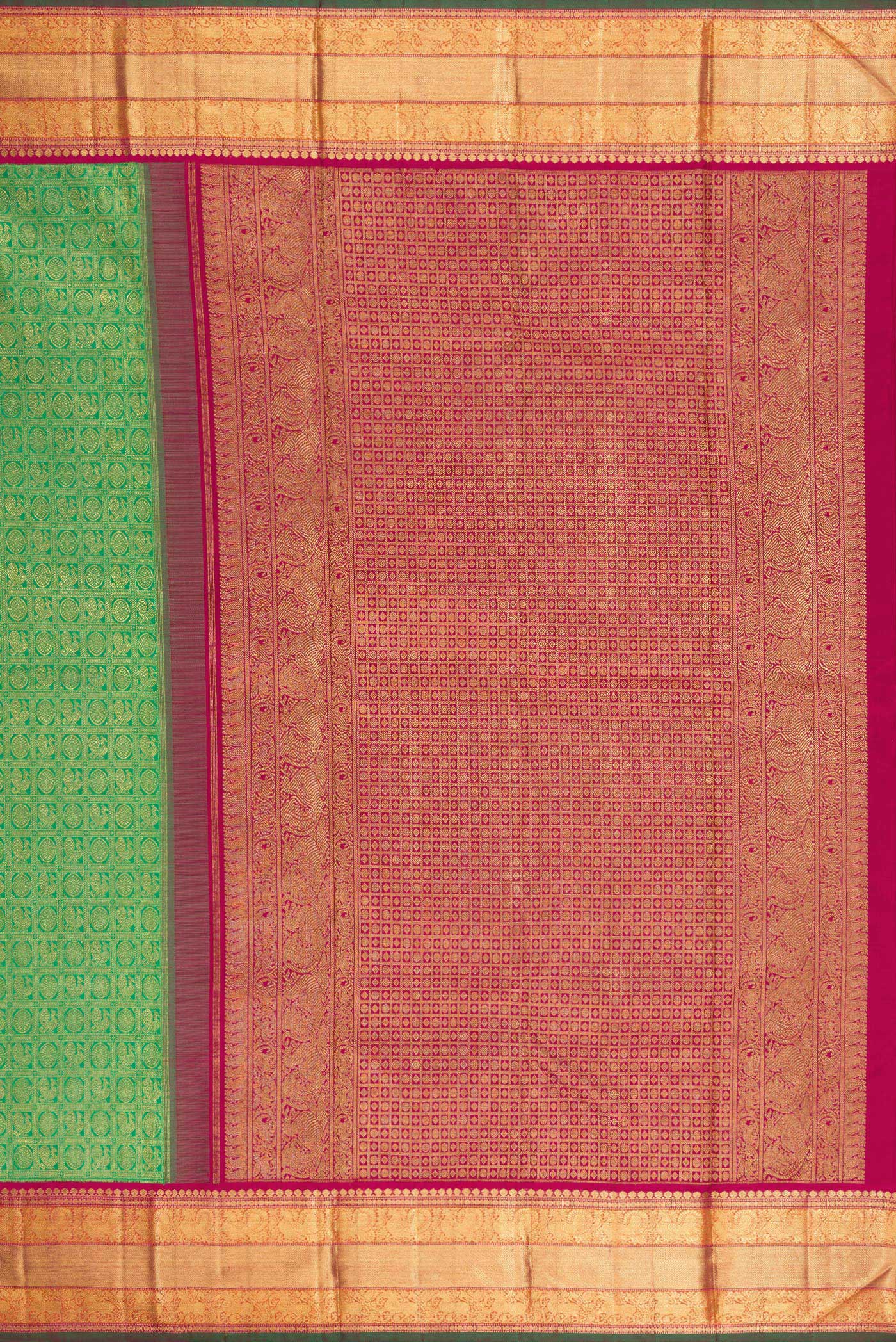 Close up image of the pallu of Pure Silk Pure Zari Green Kanjivaram Saree with Zari Brocade on the body and Zari Border. 