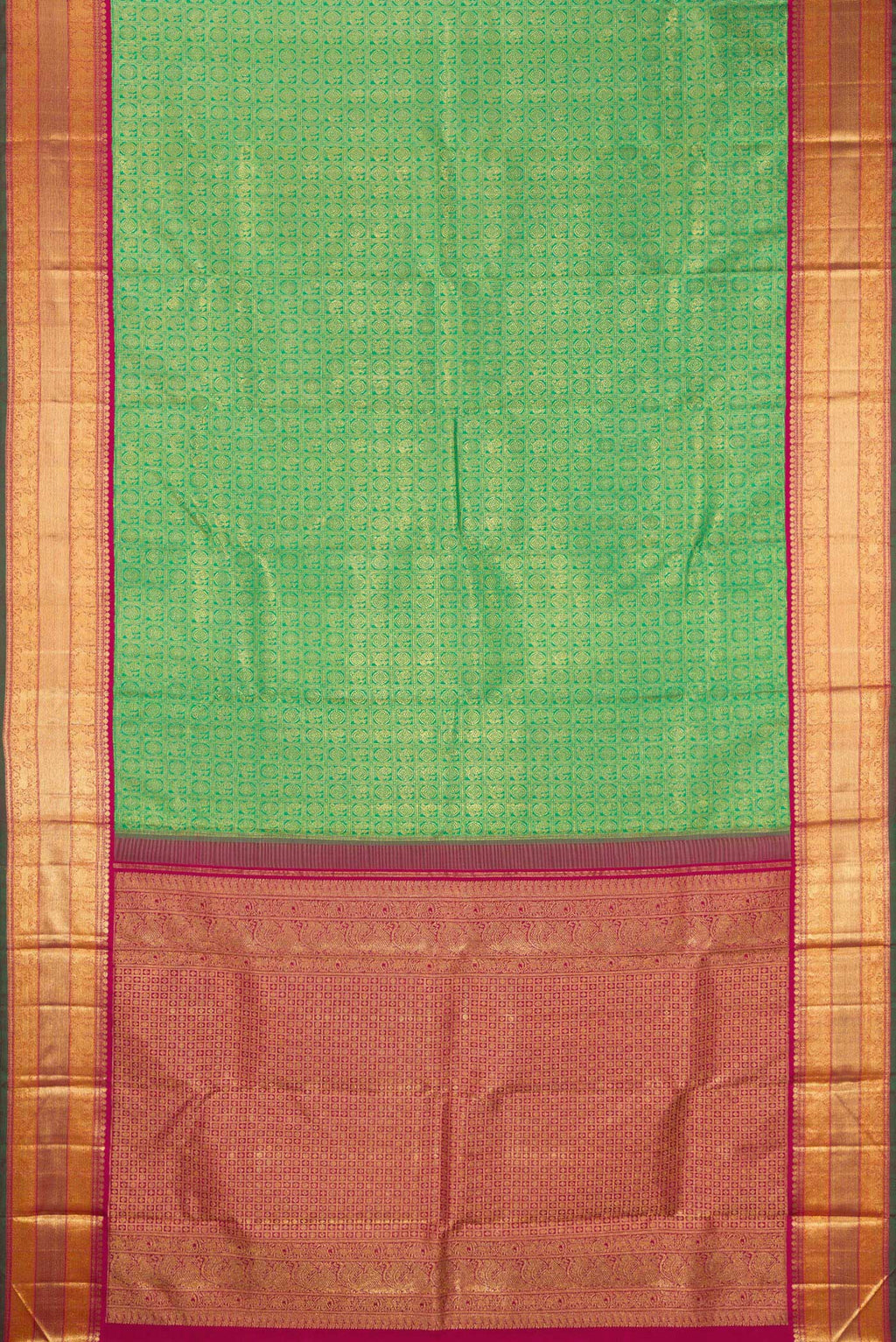 Flat view of Pure Silk Pure Zari Green Kanjivaram Saree with Zari Brocade on the body and Zari Border. 