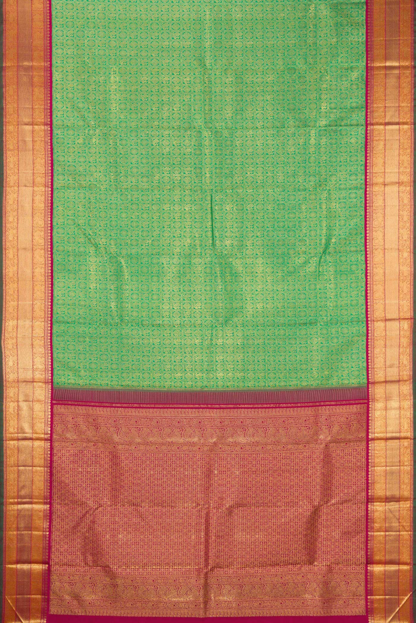Flat view of Pure Silk Pure Zari Green Kanjivaram Saree with Zari Brocade on the body and Zari Border. 
