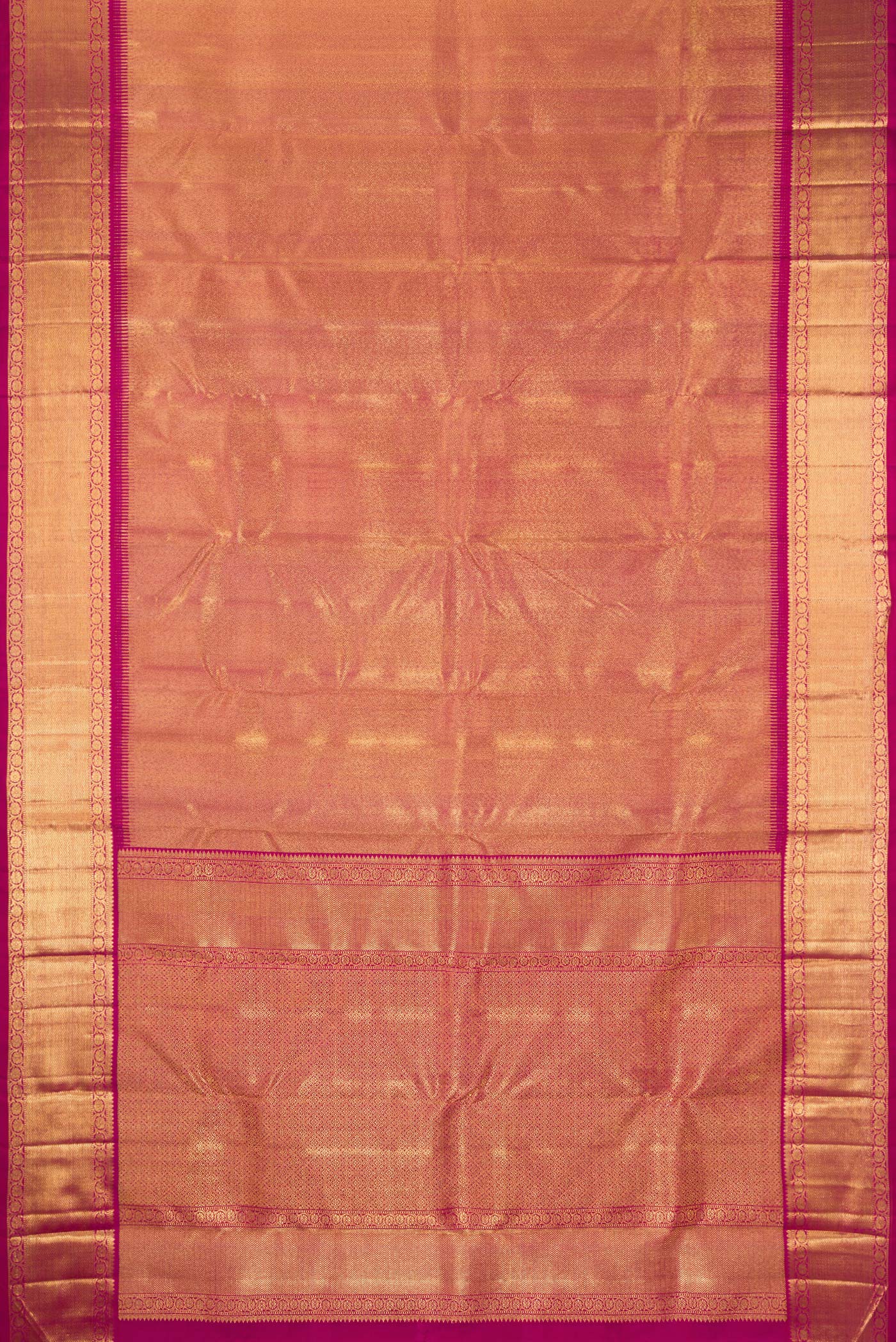 Flat view of Pure Silk Pure Zari Magenta Dual Tone Kanjivaram Saree with Zari Brocade on the body and Zari Border. 