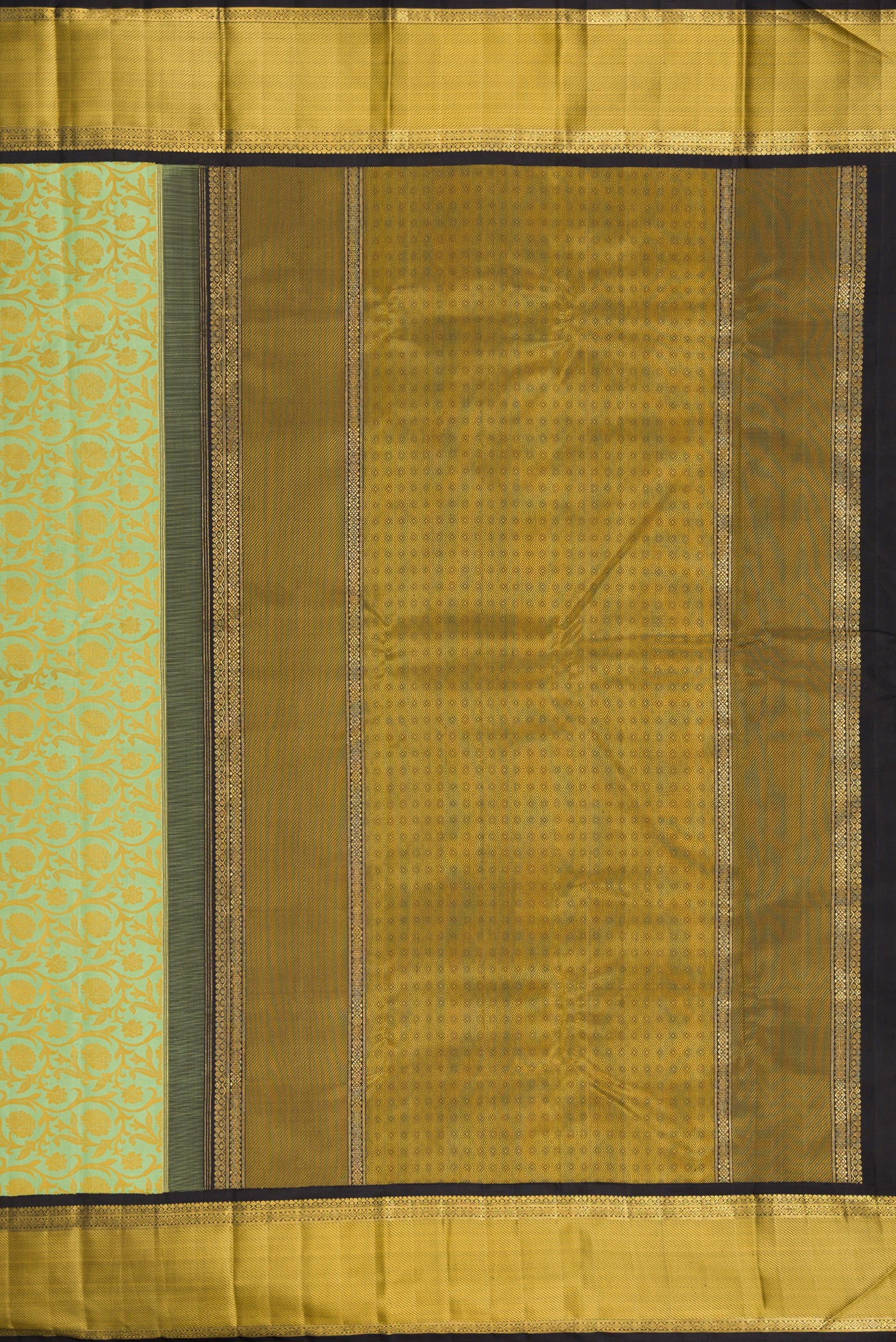 Close up image of the pallu of Pure Silk Pure Zari Pista Green Kanjivaram Saree with Jacquard design on the body and Zari And Thread Border. 