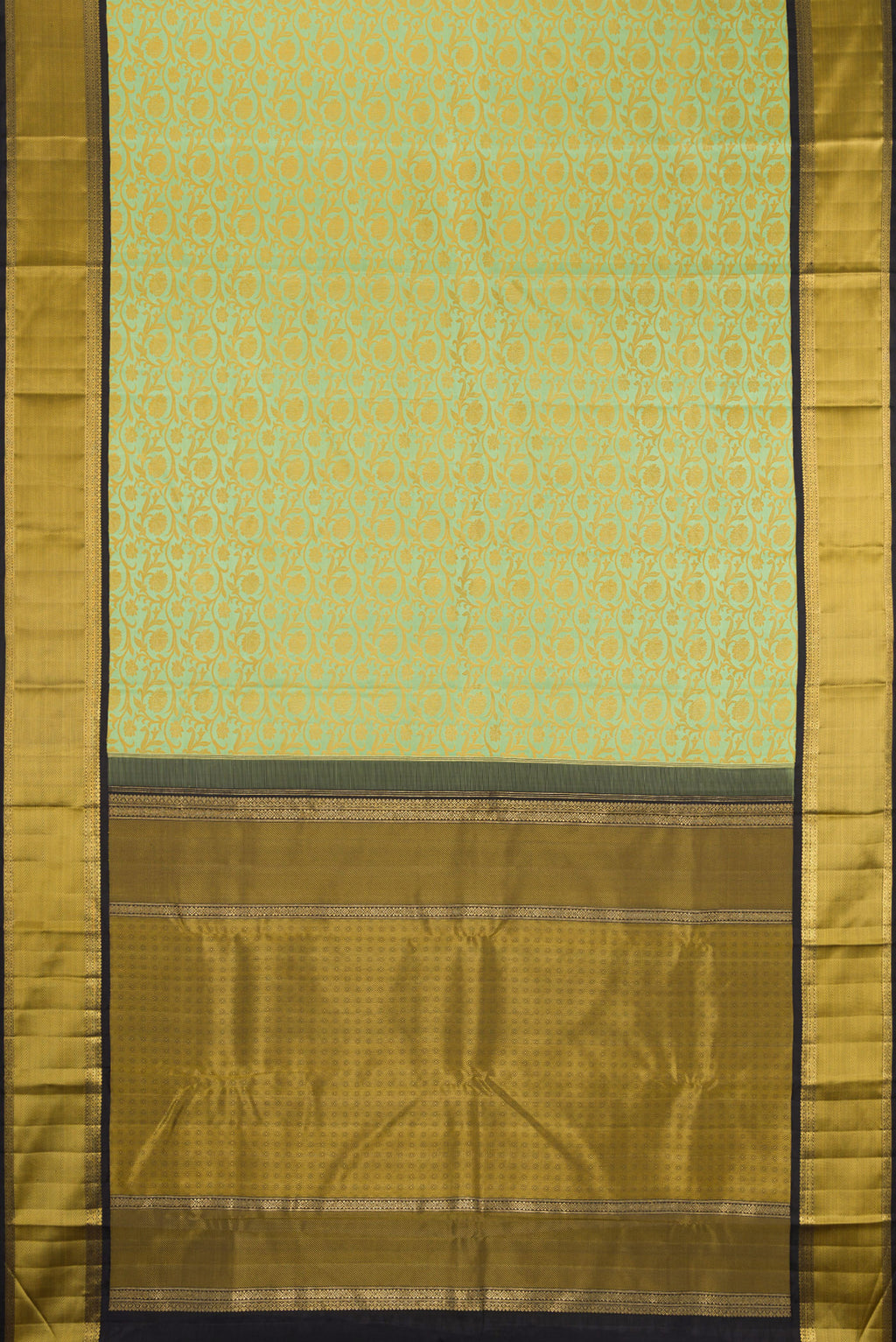 Flat view of Pure Silk Pure Zari Pista Green Kanjivaram Saree with Jacquard design on the body and Zari And Thread Border. 