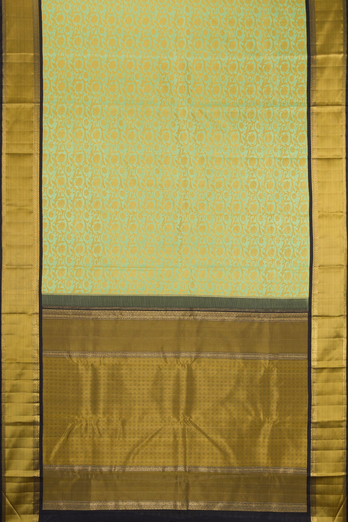 Flat view of Pure Silk Pure Zari Pista Green Kanjivaram Saree with Jacquard design on the body and Zari And Thread Border. 