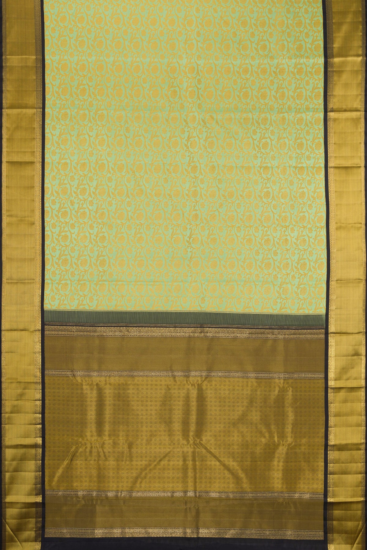 Flat view of Pure Silk Pure Zari Pista Green Kanjivaram Saree with Jacquard design on the body and Zari And Thread Border. 