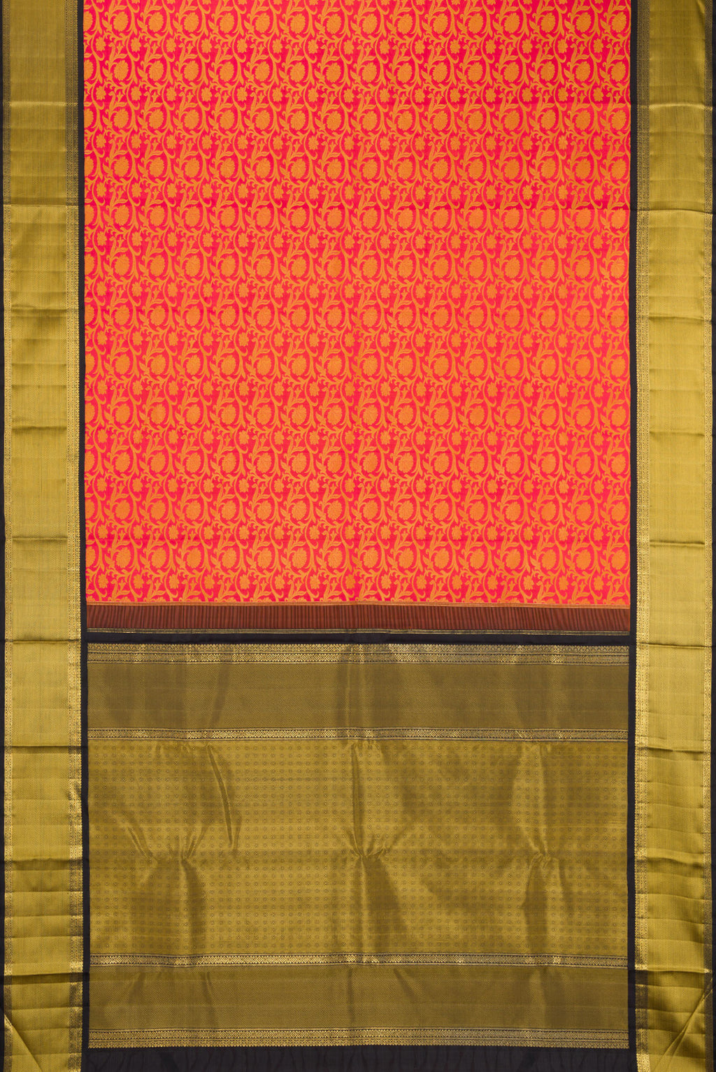 Flat view of Pure Silk Pure Zari Orange Kanjivaram Saree with Jacquard design on the body and Zari And Thread Border. 