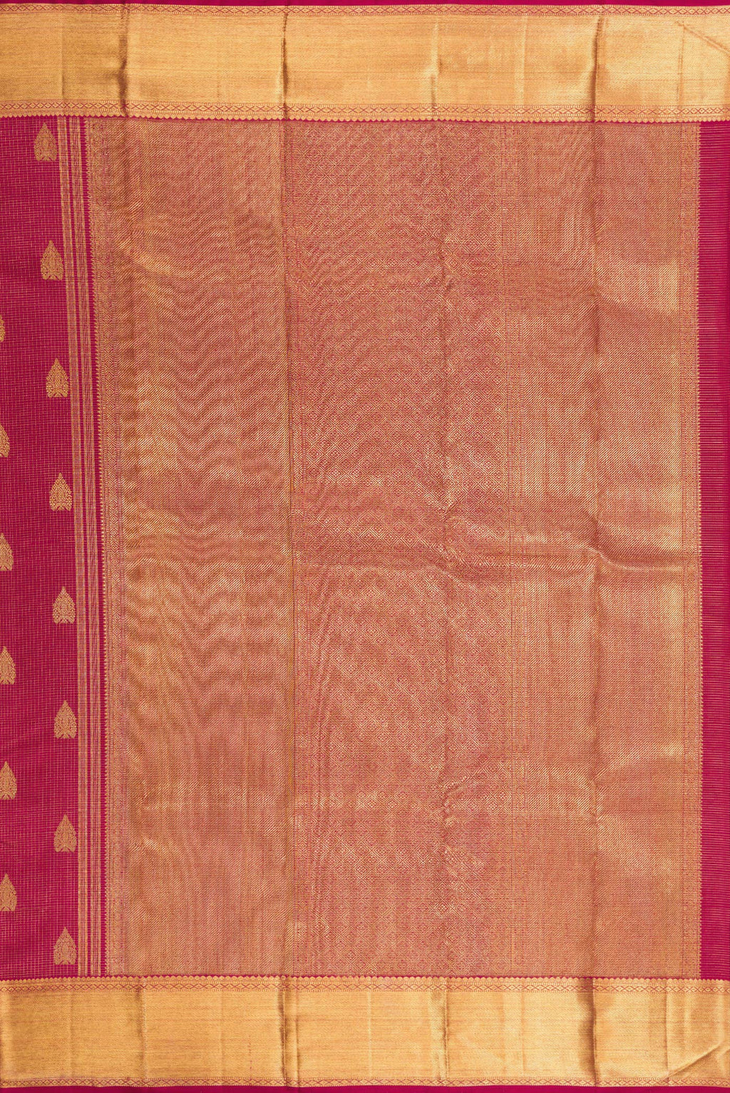 Close up image of the pallu of Pure Silk Pure Zari Maroon Kanjivaram Saree with Stripes on the body and Zari Border. 