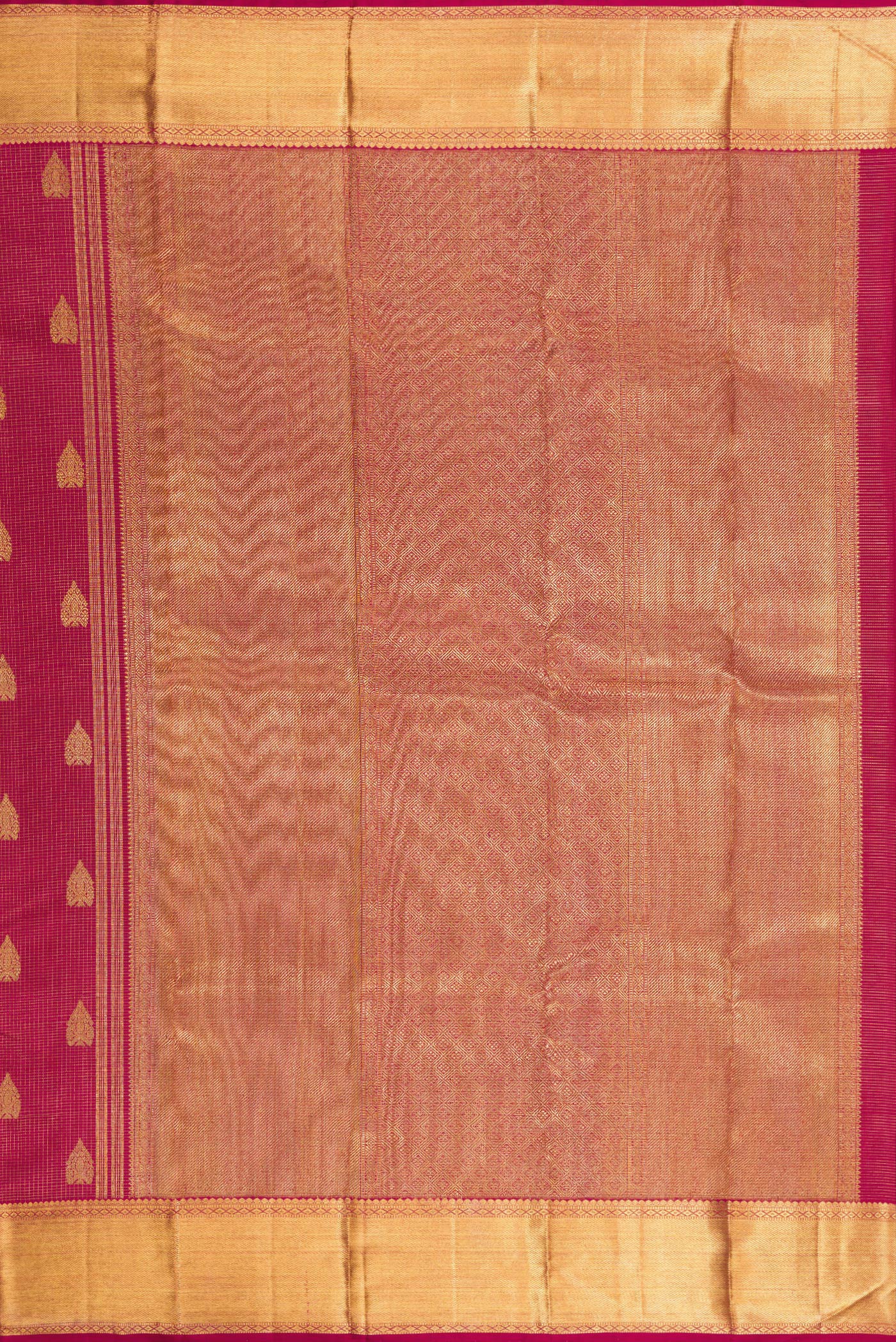 Close up image of the pallu of Pure Silk Pure Zari Maroon Kanjivaram Saree with Stripes on the body and Zari Border. 