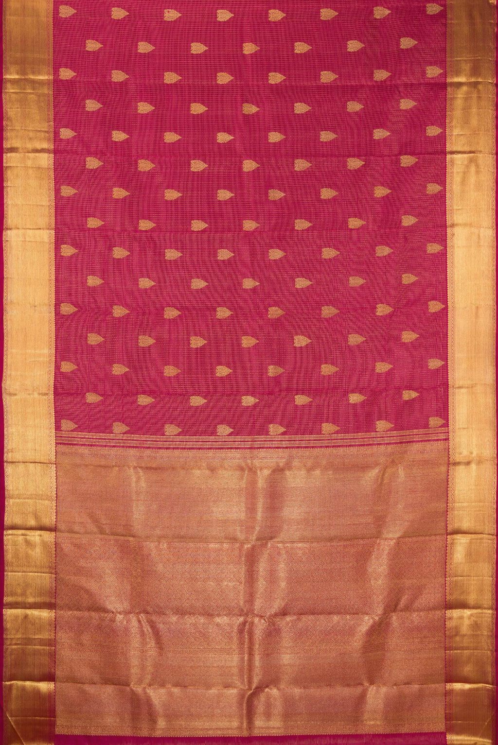 Flat view of Pure Silk Pure Zari Maroon Kanjivaram Saree with Stripes on the body and Zari Border. 