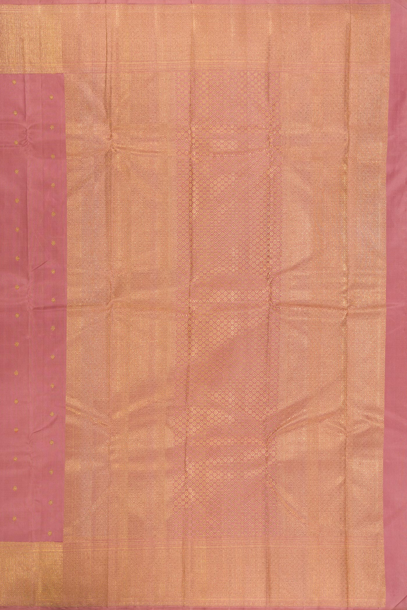 Close up image of the pallu of Pure Silk Pure Zari Rose Gold Kanjivaram Saree with Zari Butta on the body and Zari Border. 