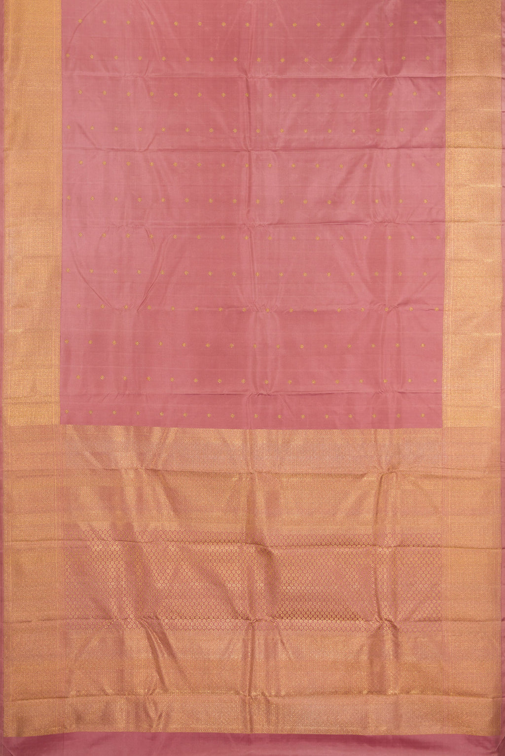 Flat view of Pure Silk Pure Zari Rose Gold Kanjivaram Saree with Zari Butta on the body and Zari Border. 
