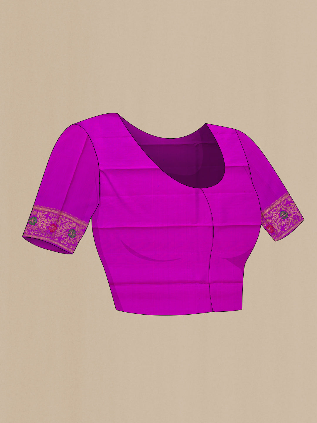 Close up image of the blouse of Pure Silk Pure Zari Purple Kanjivaram Saree with Zari Butta on the body and Fancy Border. 