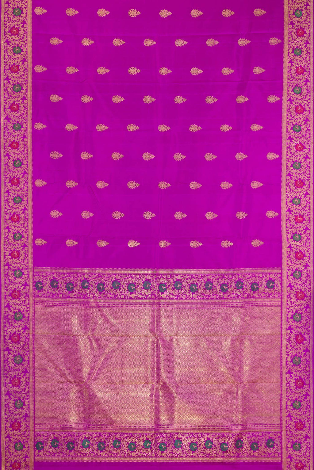 Flat view of Pure Silk Pure Zari Purple Kanjivaram Saree with Zari Butta on the body and Fancy Border. 