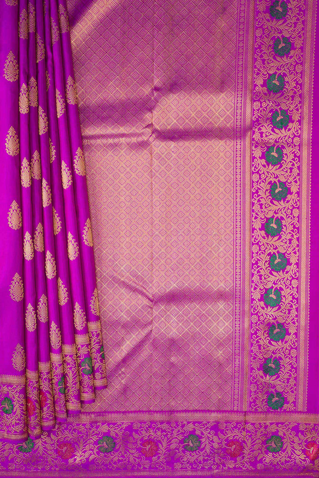 Pleats and pallu of Pure Silk Pure Zari Purple Kanjivaram Saree with Zari Butta on the body and Fancy Border. 