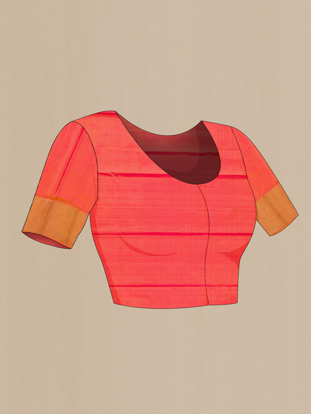 Close up image of the blouse of Pure Silk Pure Zari Brick Orange Dual Tone Kanjivaram Saree with Zari Butta on the body and Zari Border. 