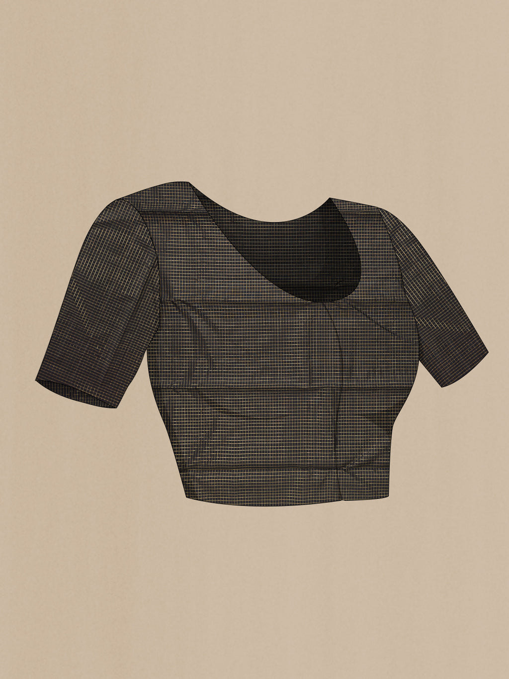 Close up image of the blouse of Pure Silk Pure Zari Beige Kanchipuram Saree with Plain Body and Checks Border. 