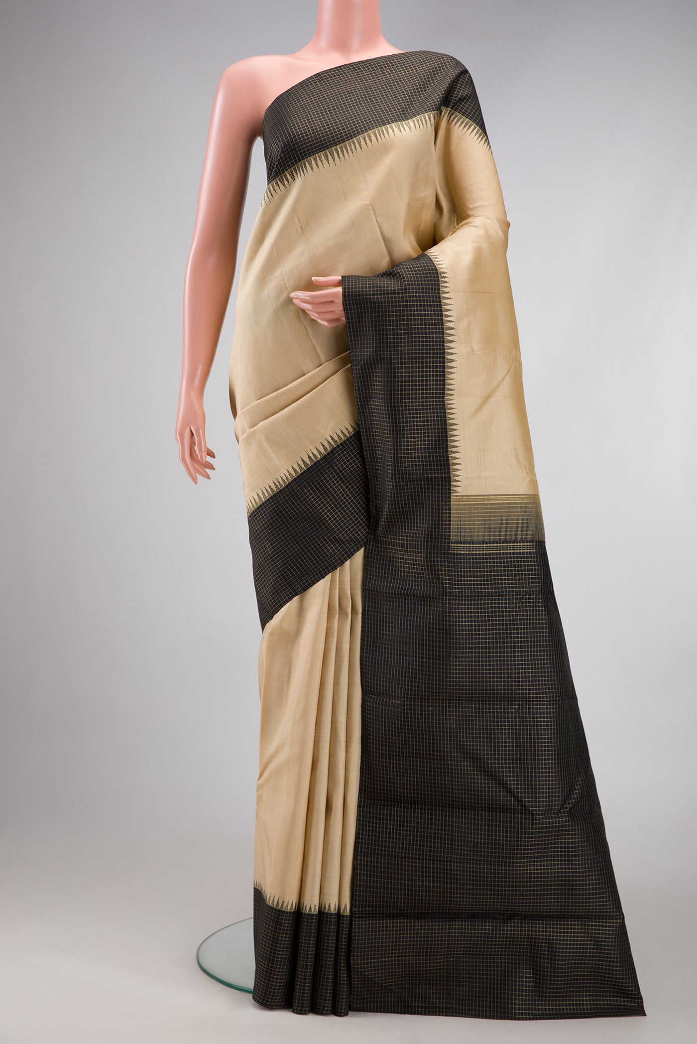 Pure Silk Pure Zari Beige Kanchipuram Saree with Plain Body and Checks Border.  displayed on a mannequin
