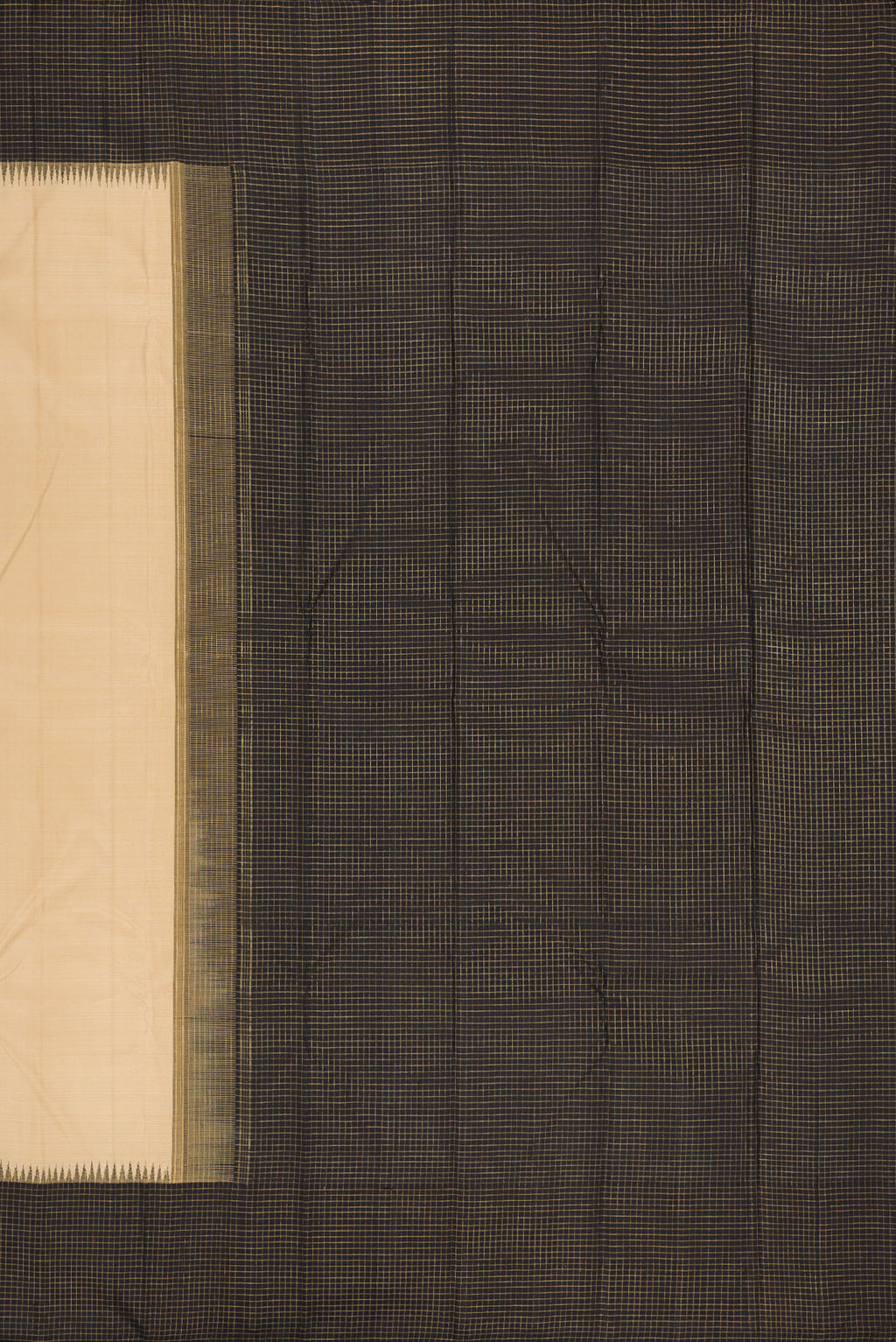 Close up image of the pallu of Pure Silk Pure Zari Beige Kanchipuram Saree with Plain Body and Checks Border. 