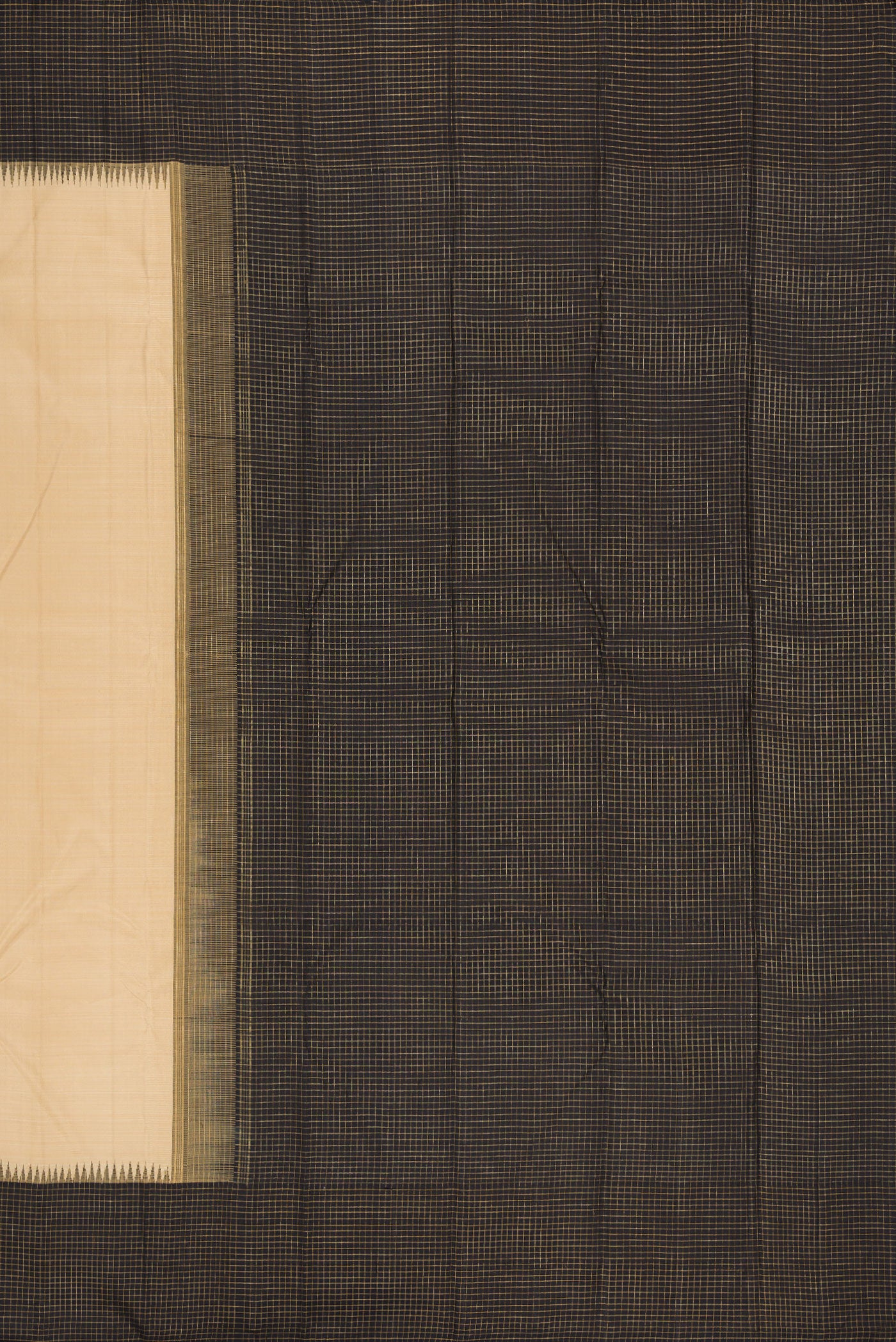 Close up image of the pallu of Pure Silk Pure Zari Beige Kanchipuram Saree with Plain Body and Checks Border. 