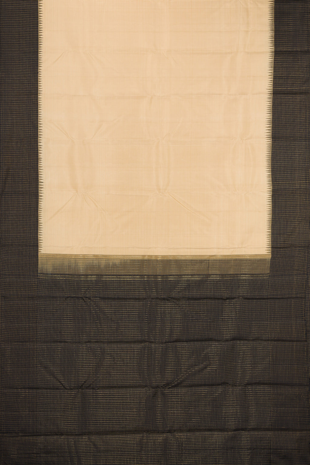 Flat view of Pure Silk Pure Zari Beige Kanchipuram Saree with Plain Body and Checks Border. 